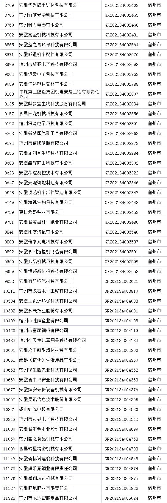 宿州市高新技术企业名单