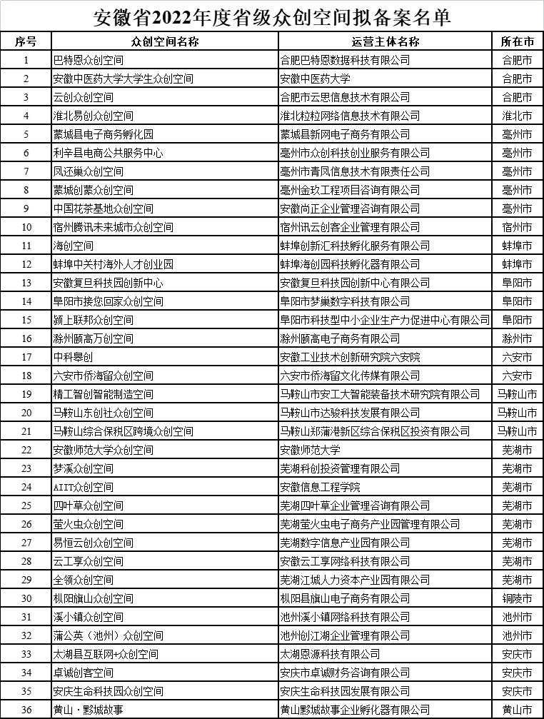 安徽省众创空间公示名单