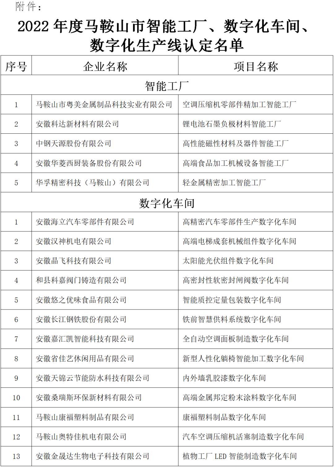 马鞍山市智能工厂、数字化车间、数字化生产线认定名单